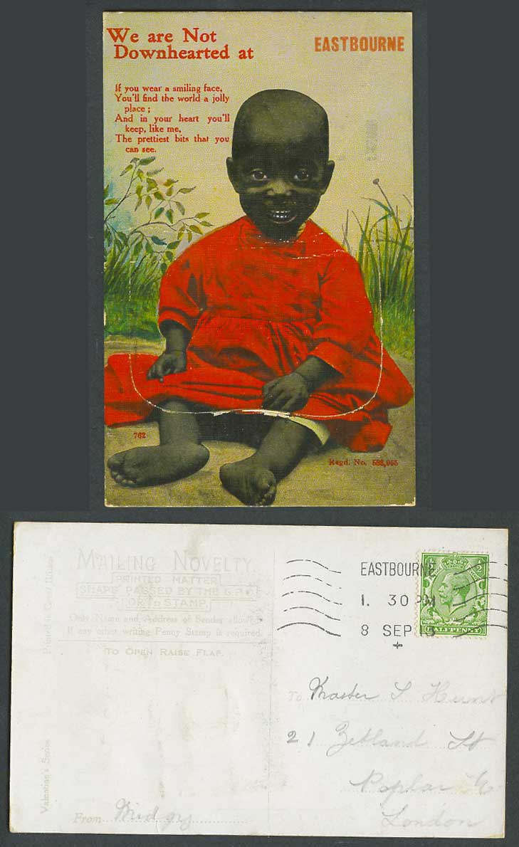 We R Not Downhearted at Eastbourne Black Girl Novelty Pull-Out 1913 Old Postcard
