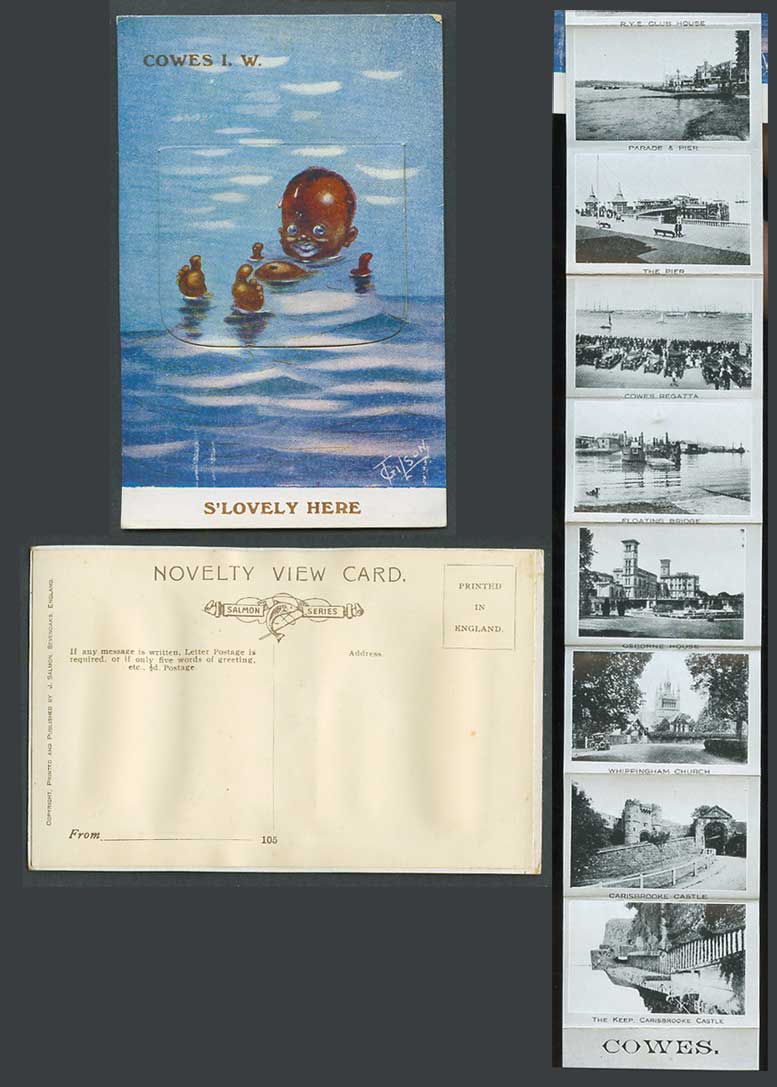 Isle of Wight Cowes T Gilson Black Boy Bather Bathing Pullout Views Old Postcard