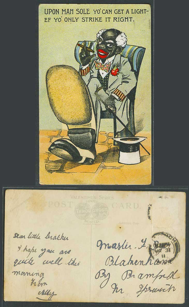 Black Man Smoking Cigar, Upon Mah Sole Get Light-ef Strike it Right Old Postcard