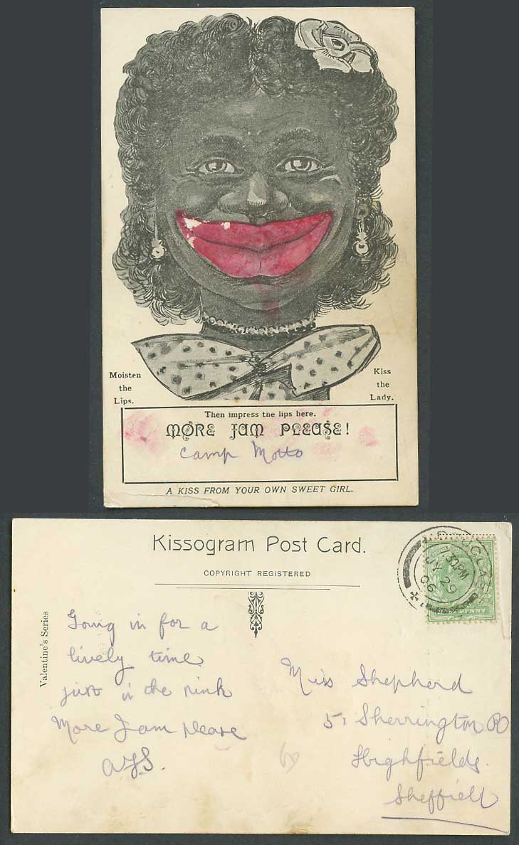 Black Comic Humour 1906 Old Postcard More Jam Please, Moisten Lips Kiss The Lady