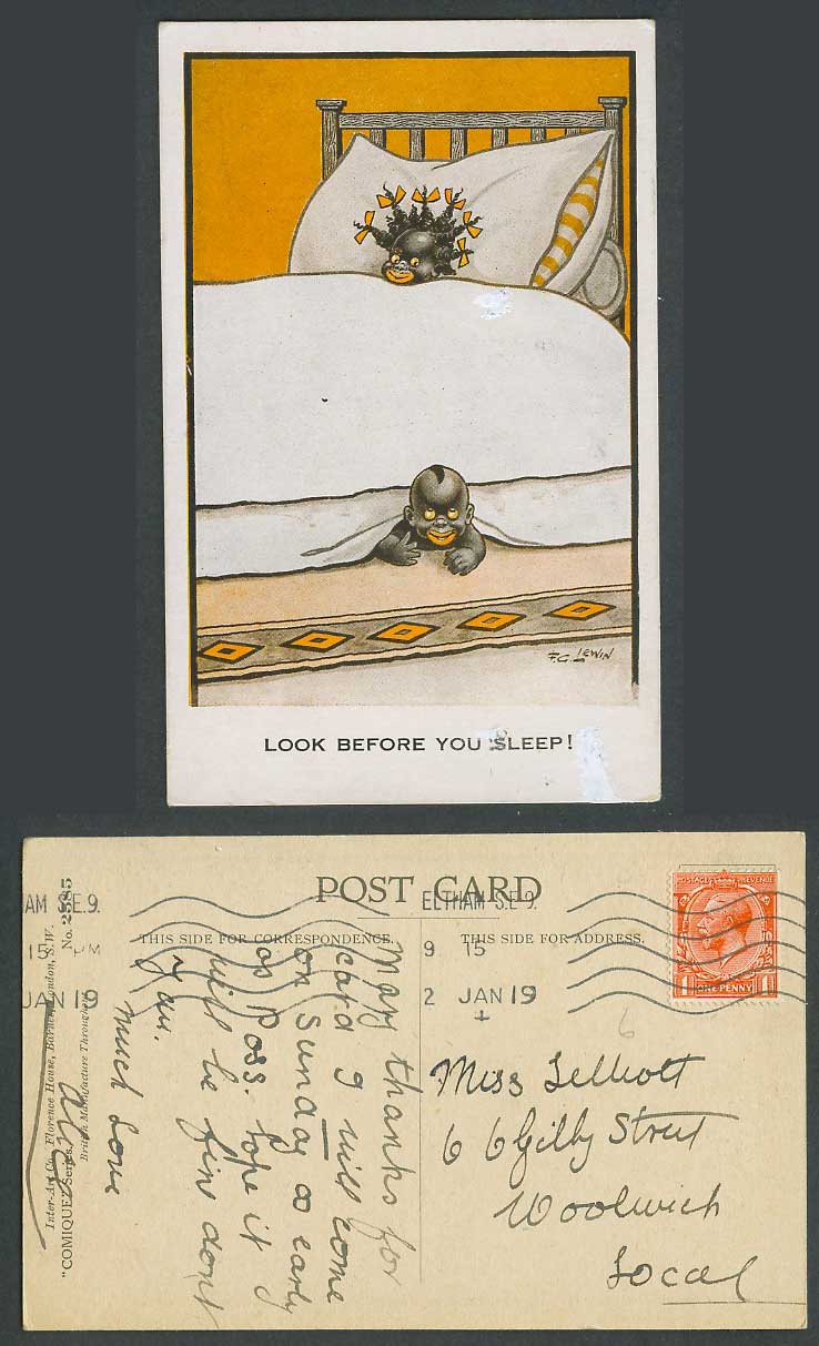 F.G. Lewin 1919 Old Postcard Little Black Boy Girl on Bed Look Before You Sleep!