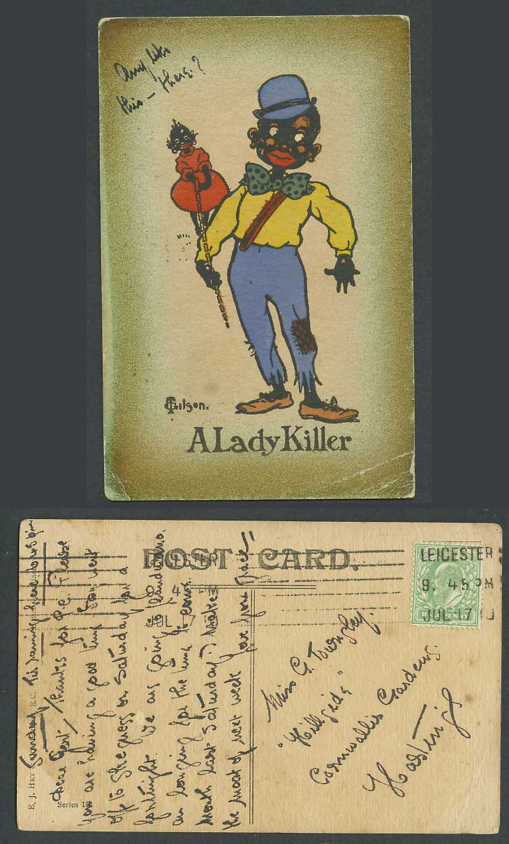 T. Gilson Black Comic 1910 Old Postcard Black Man or Boy Girl Doll A Lady Killer