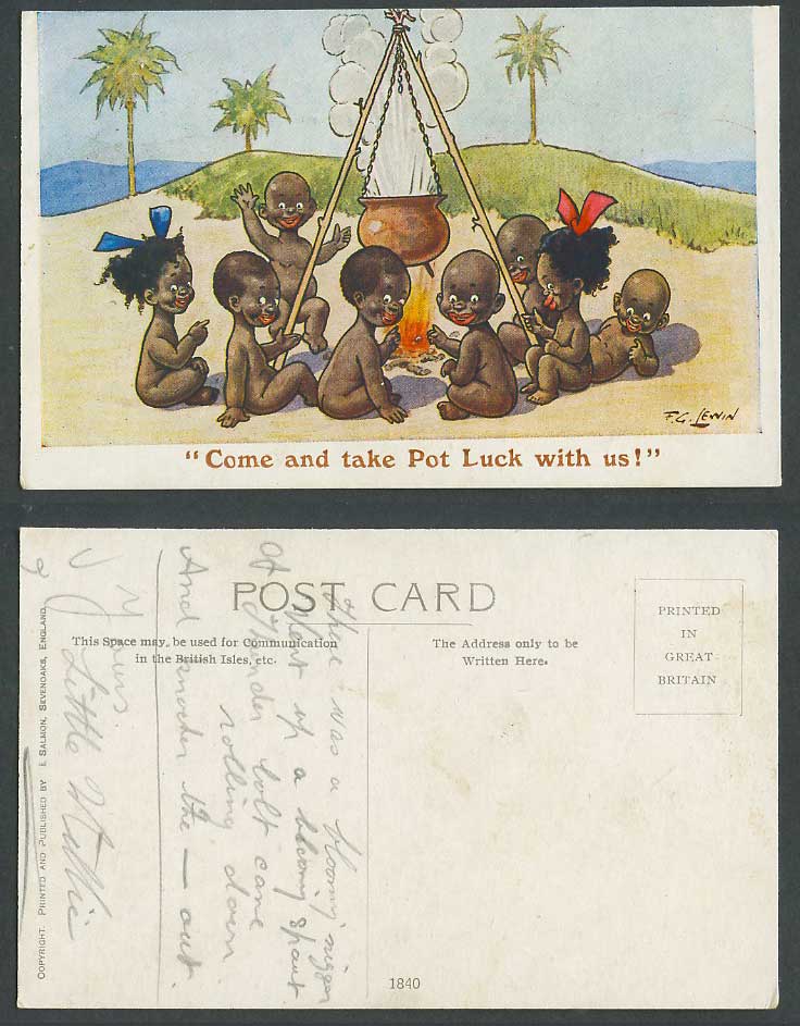 FG Lewin Black Comic Old Postcard Children Boys Girls Come Take Pot Luck with Us