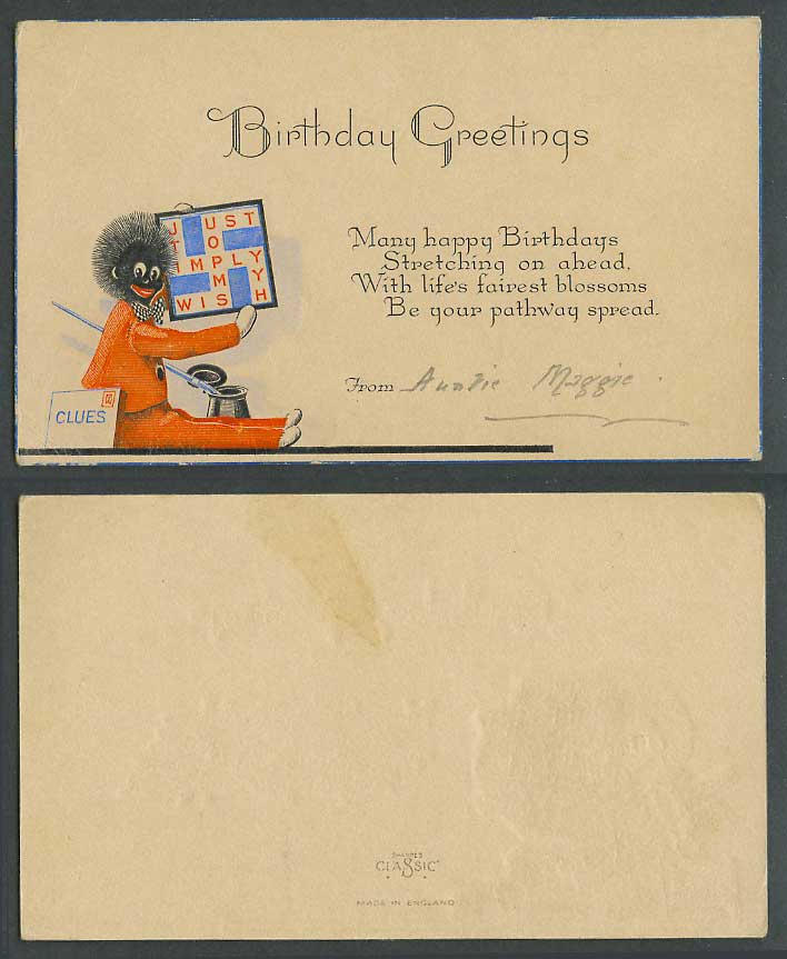 Black Doll, Clues Just to Imply My Wish Birthday Greetings Old Embossed Postcard