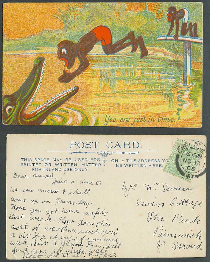 Black Man Jumping into Crocodile's Mouth, You Are Just in Time 1916 Old Postcard