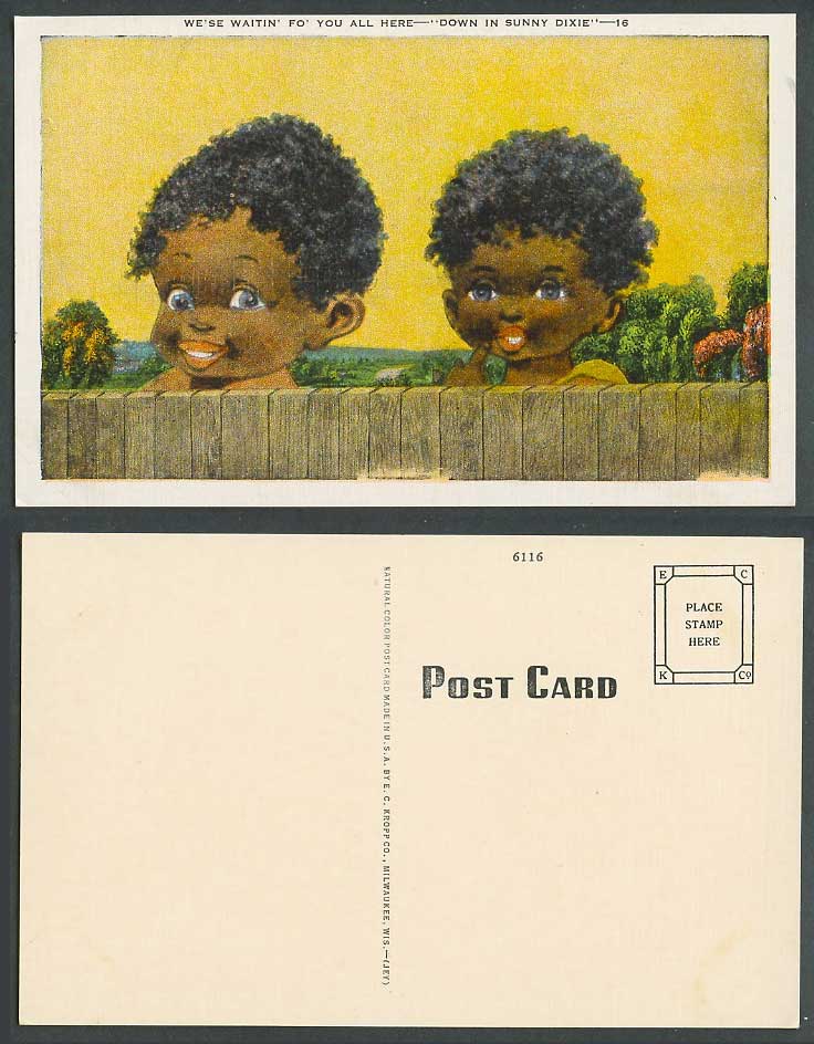 2 Black Boys - We'se Waitin' Fo' You All Here - Down in Sunny Dixie Old Postcard