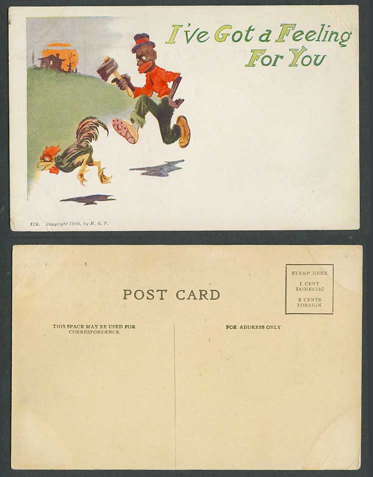 I've Got a Feeling For You Black Man holds Axe Chasing Rooster Bird Old Postcard