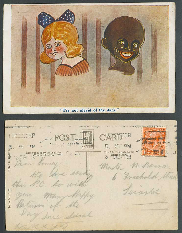 Black Comic Black Boy & White Girl I'se not afraid of the dark 1918 Old Postcard