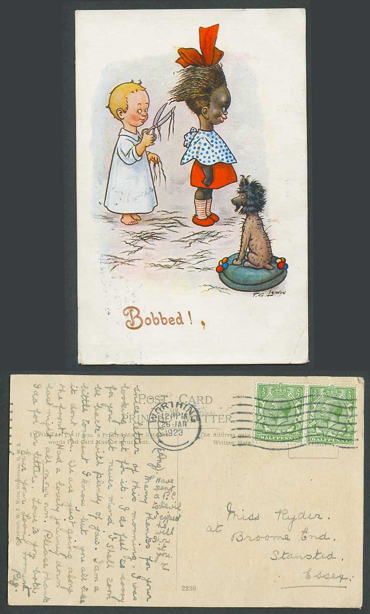 F.G. Lewin 1923 Old Postcard Will You Have it Bobbed or Shingled? Black Girl Dog