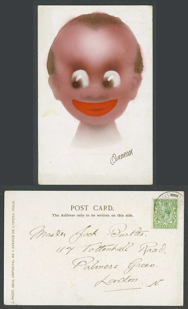 C. Brubrook Artist Signed A Little Black Boy Smiling, Red Lips 1918 Old Postcard