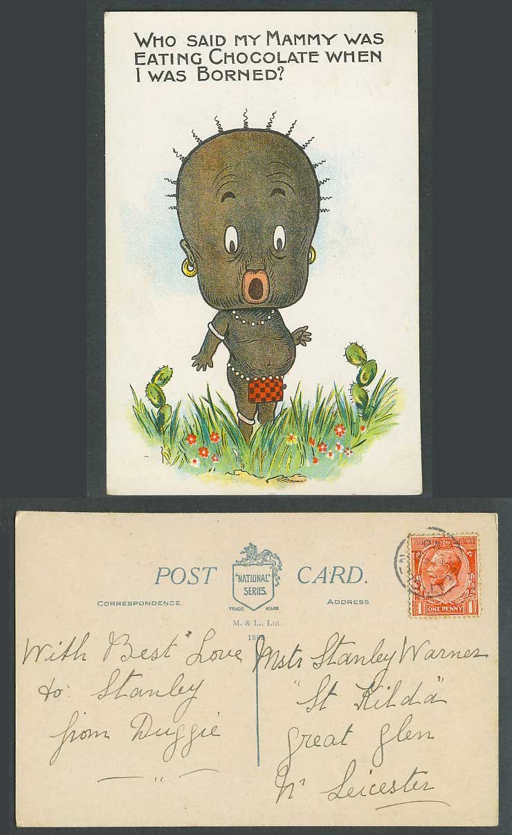 Black Comic, Cactus, Mammy eating chocolate when I was borned? 1920 Old Postcard