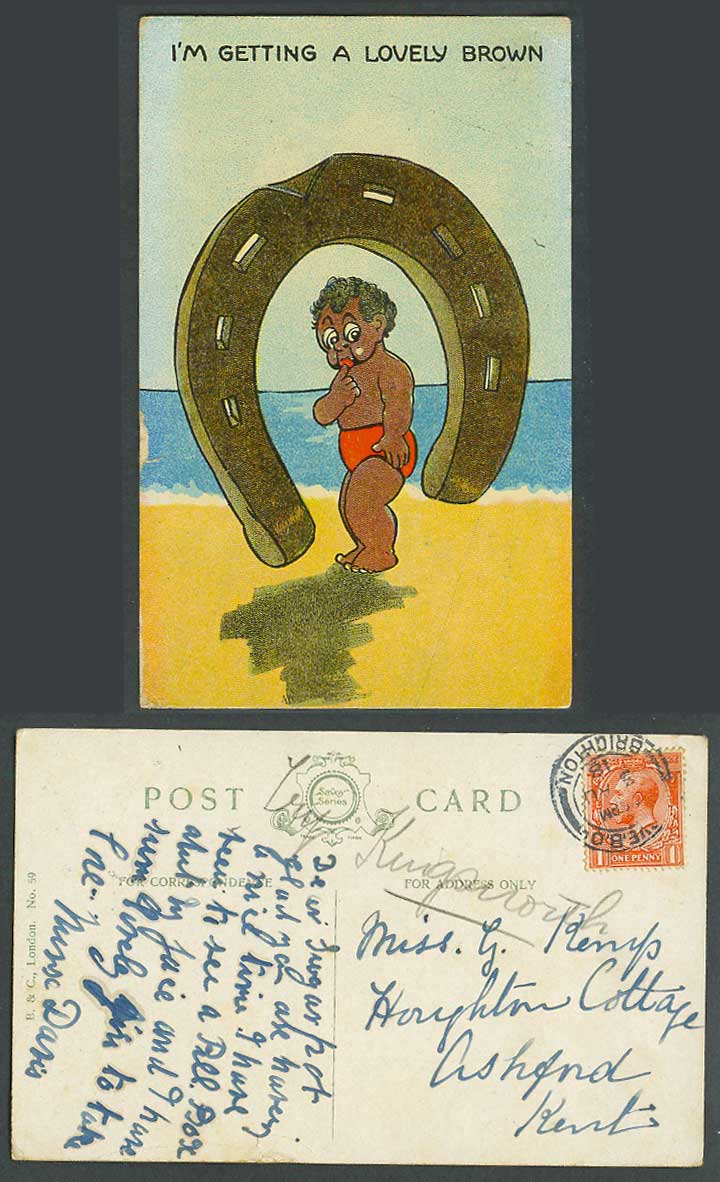 Black Man on Beach Horseshoe I'm Getting a Lovely Brown, Comic 1918 Old Postcard