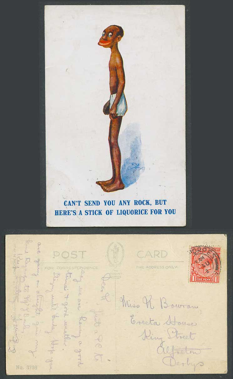 Reg Maurice 1922 Old Postcard Black Man Can't send rock but a stick of liquorice