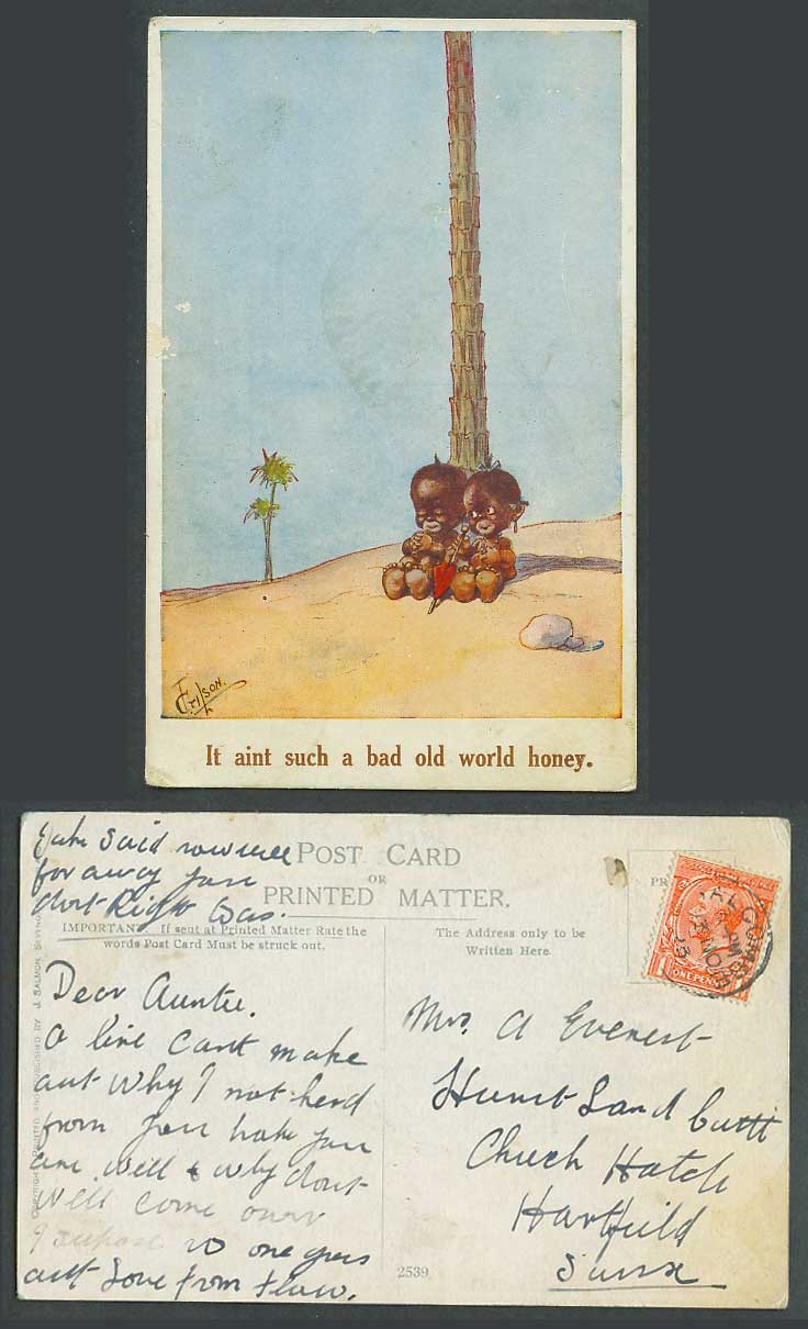 T. Gilson 1923 Old Postcard Black Boy & Girl It ain't Such a Bad Old World Honey