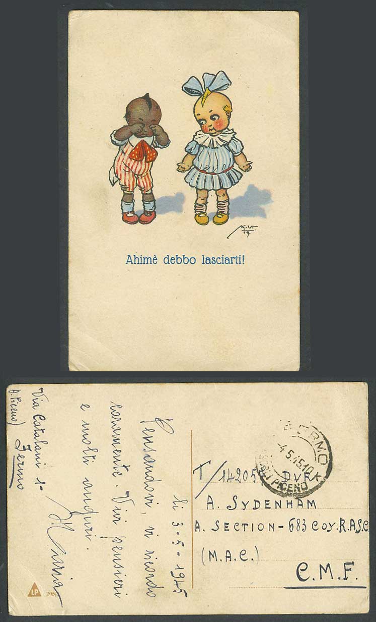 KV 1945 Old Postcard Children Black Boy White Baby Girl, Alas, I must leave you!