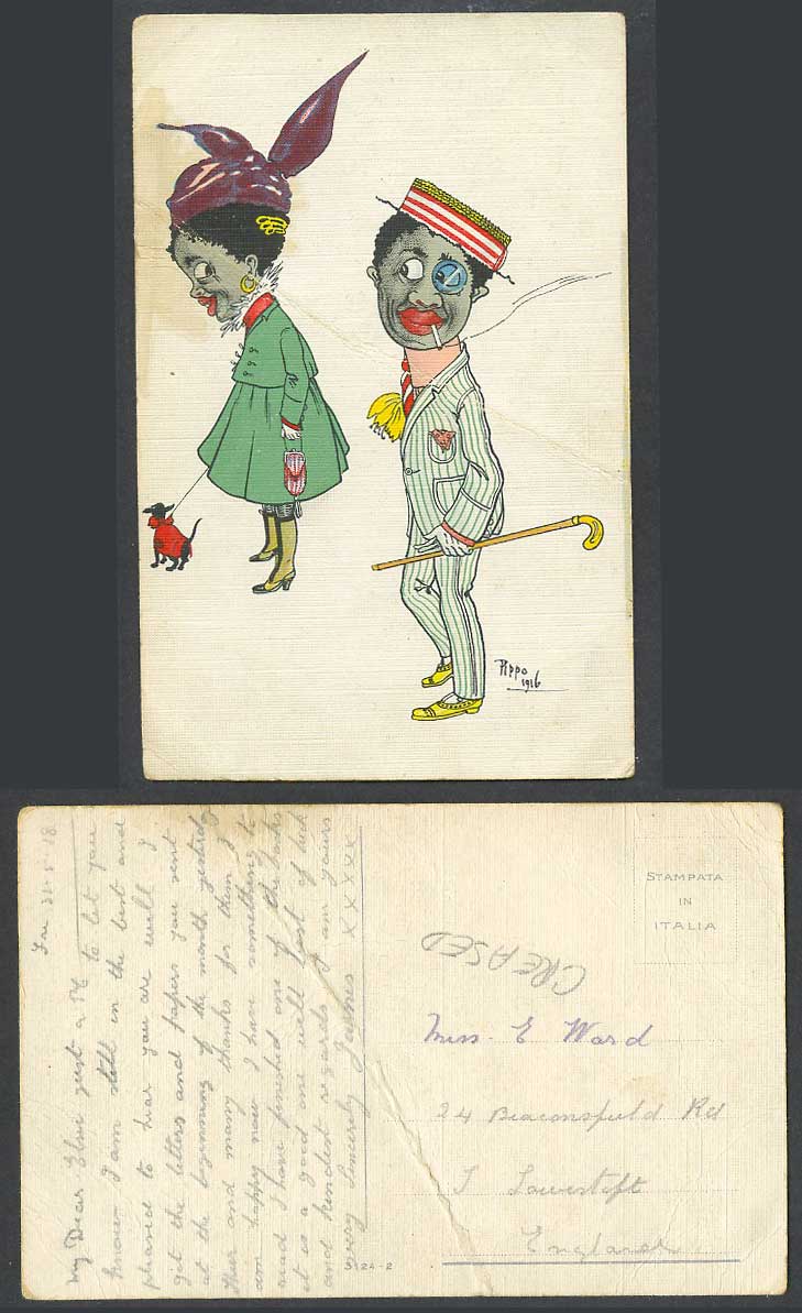 Pippo 1916 Old Postcard Black Man Smoking, Glamour Black Woman Walking Dog Puppy