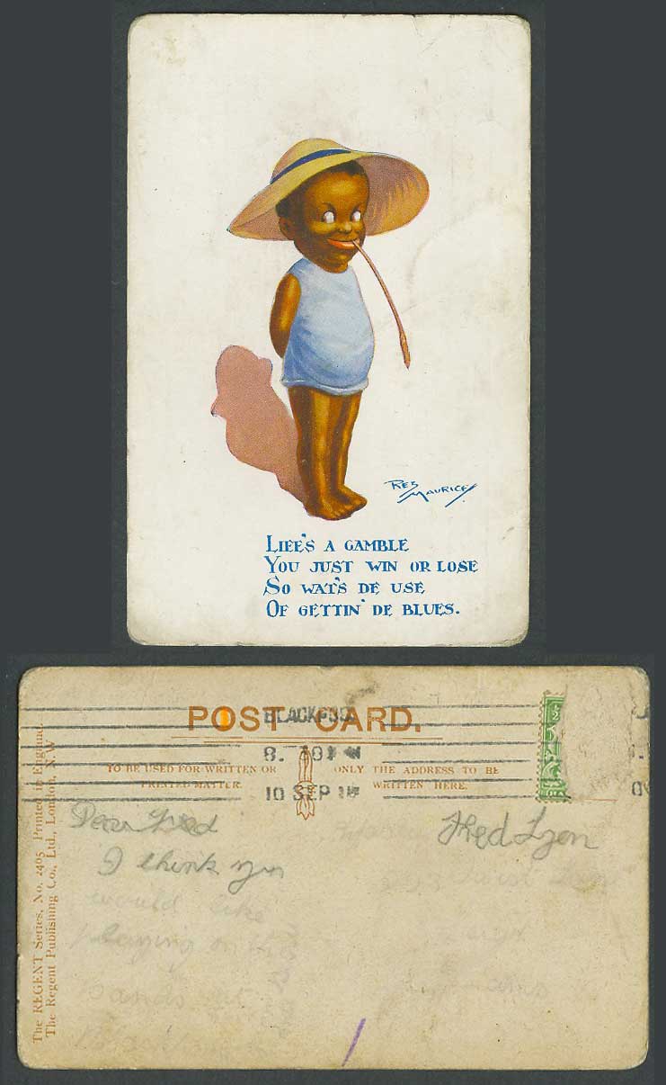 Reg Maurice 1914 Old Postcard Black Boy Hat Life's a gamble you just win or lose