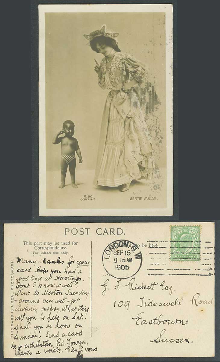 Actress Miss GERTIE MILLAR and a Little Black Boy 1905 Old Real Photo Postcard
