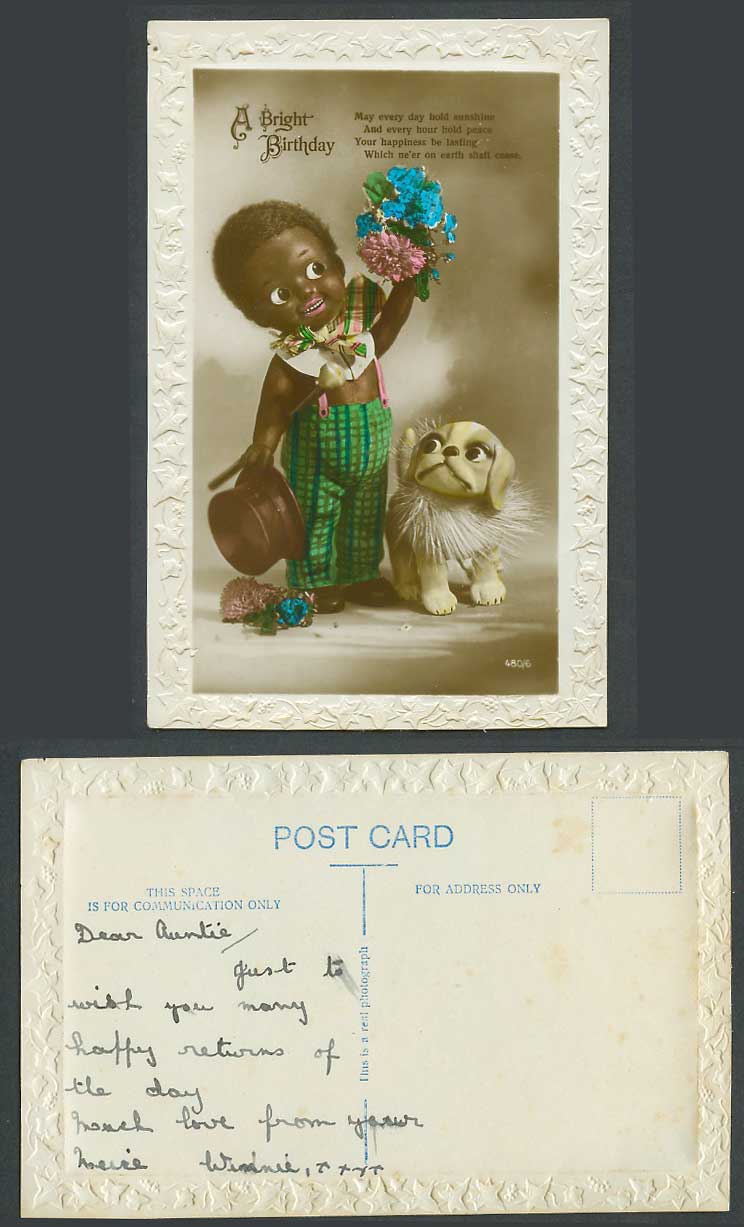 Black Boy with Hat, Flowers, Dog Puppy, A Bright Birthday Greetings Old Postcard