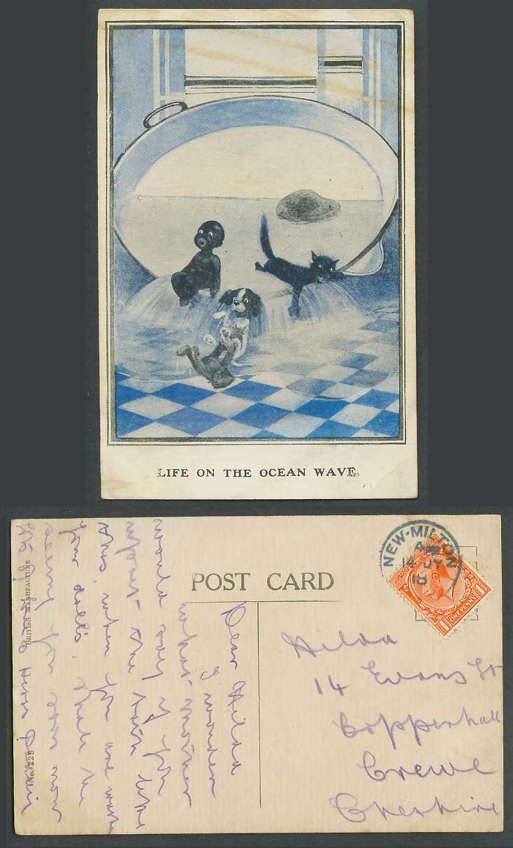 Black Little Boy Cat Kitten Dog Bathtub Life on The Ocean Wave 1918 Old Postcard