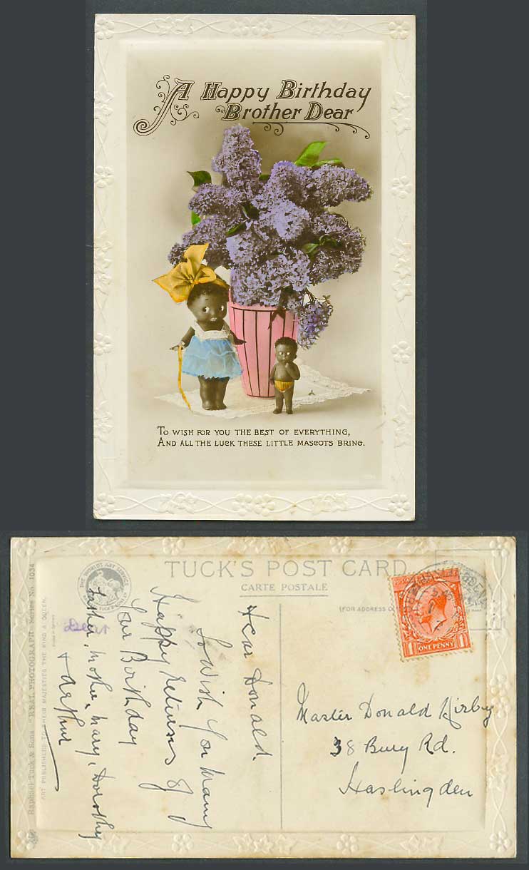Boy and Girl Dolls, Flowers Happy Birthday Brother Dear 1921 Old Tuck's Postcard