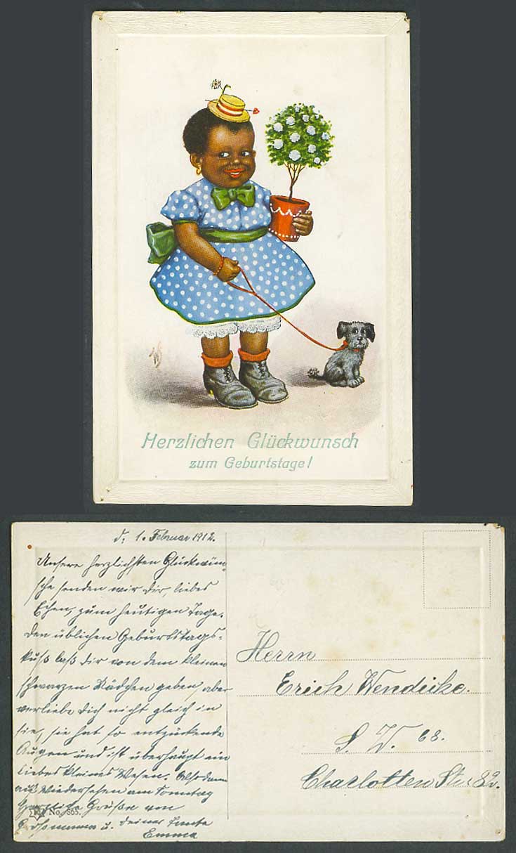 WF 1912 Old Postcard Black Little Girl Walking a Dog Puppy Plant Happy Birthday!