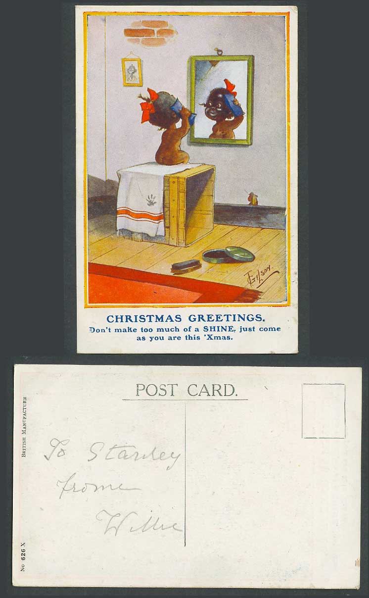 T. Gilson Old Postcard Black Girl, Christmas Greetings, Not Too Much of a Shine