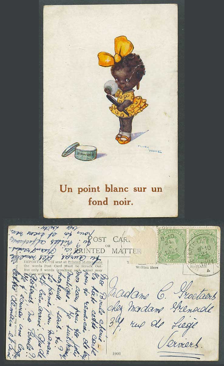 Flora White 1921 Old Postcard Black Girl, Powder Puff, Point Blanc sur Fond Noir