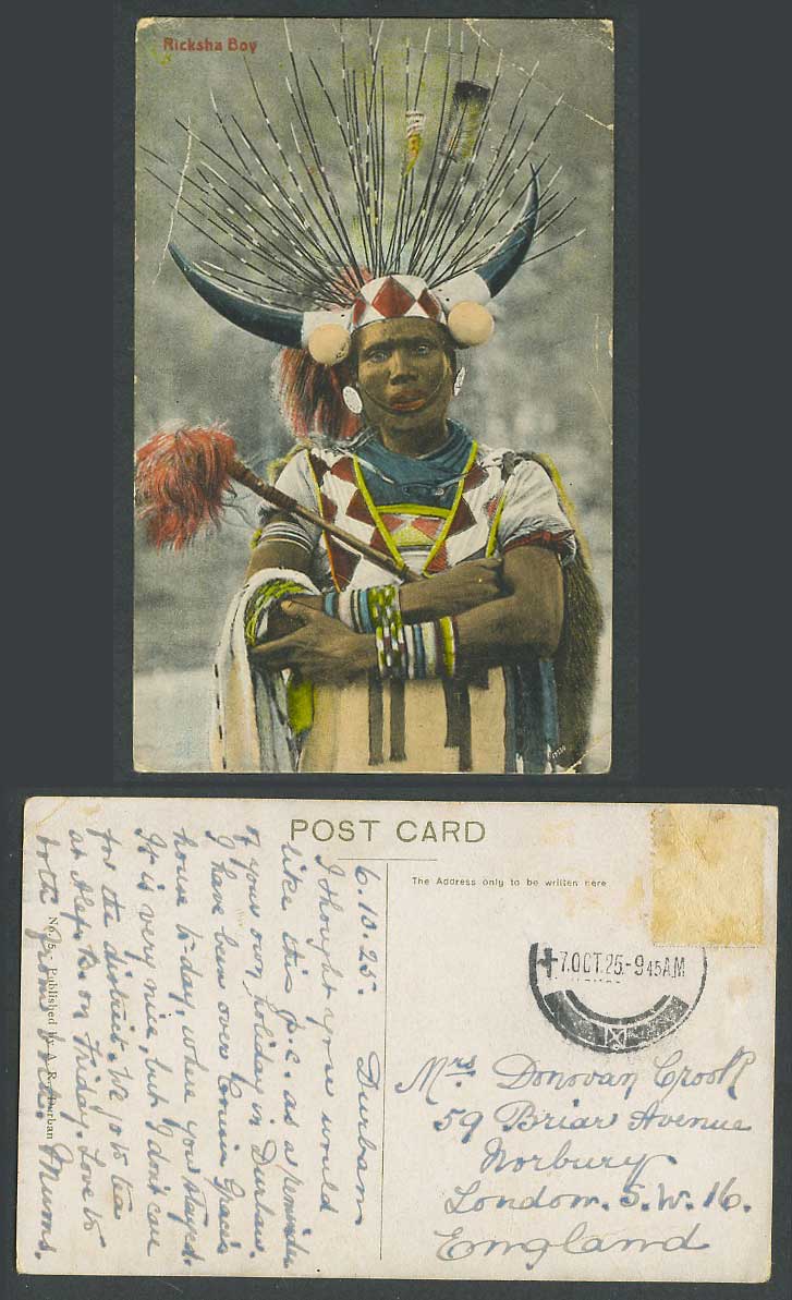 South Africa Ricksha Boy Costumes Native Black Man Ethnic Life 1925 Old Postcard