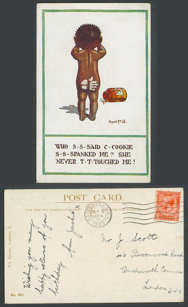 Donald McGill 1929 Old Postcard Black Boy C-Cookie Spanked Me? Plum Jam Spanking
