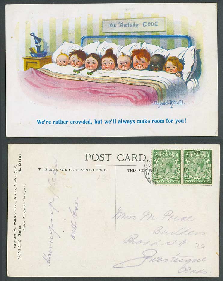 Donald McGill Black Comic 1915 Old Postcard White Children Sharing Bed Black Boy