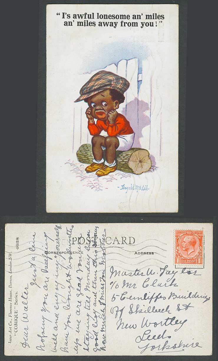 Donald McGill Black Comic 1924 Old Postcard Awful lonesome an' miles away from U