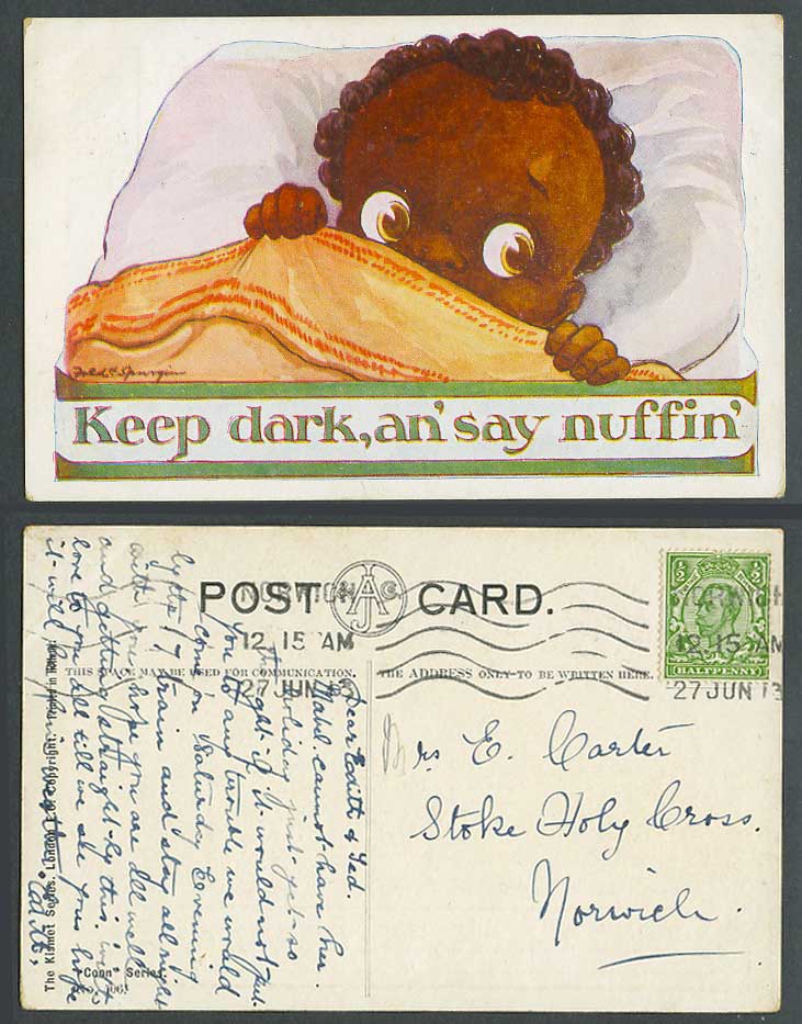 Fred Spurgin 1913 Old Postcard Black Boy on Bed, Keep Dark an' Say Nuffin', Coon