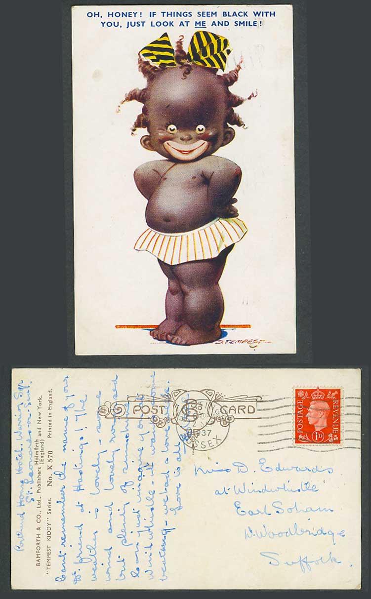 D. Tempest 1937 Old Postcard Black Girl Things Black with You Look at Me & Smile
