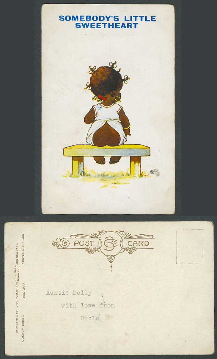 Black Comic Somebody's Little Sweetheart, Girl, Heart Shaped Bottom Old Postcard