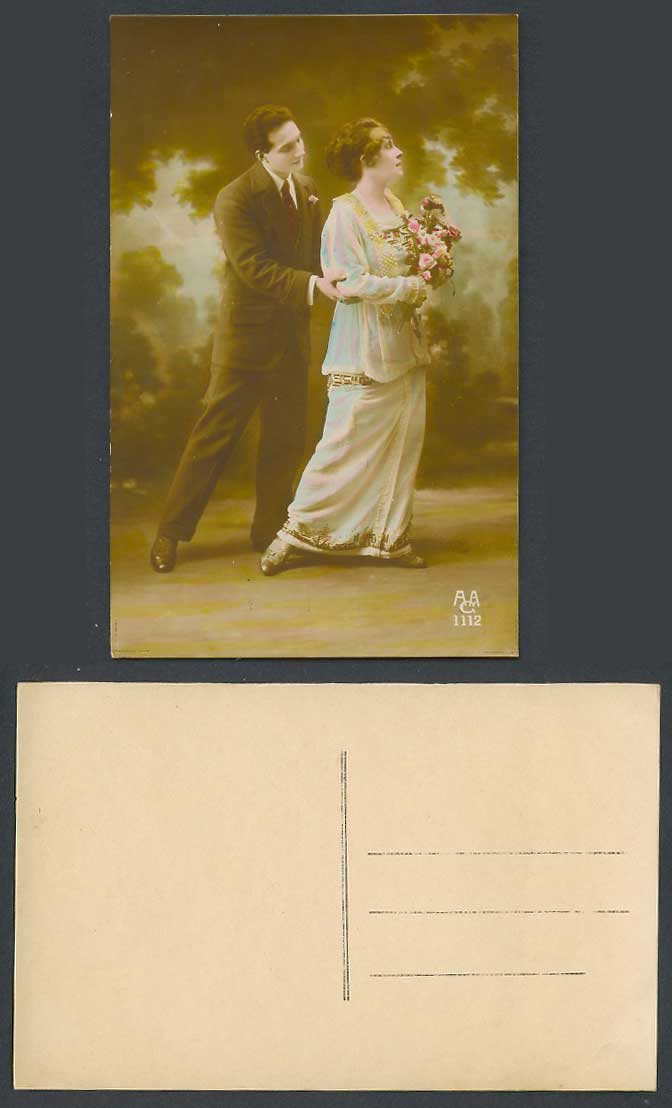 Romance Man, Glamour Lady Woman holding Bunch of Flowers Old Real Photo Postcard