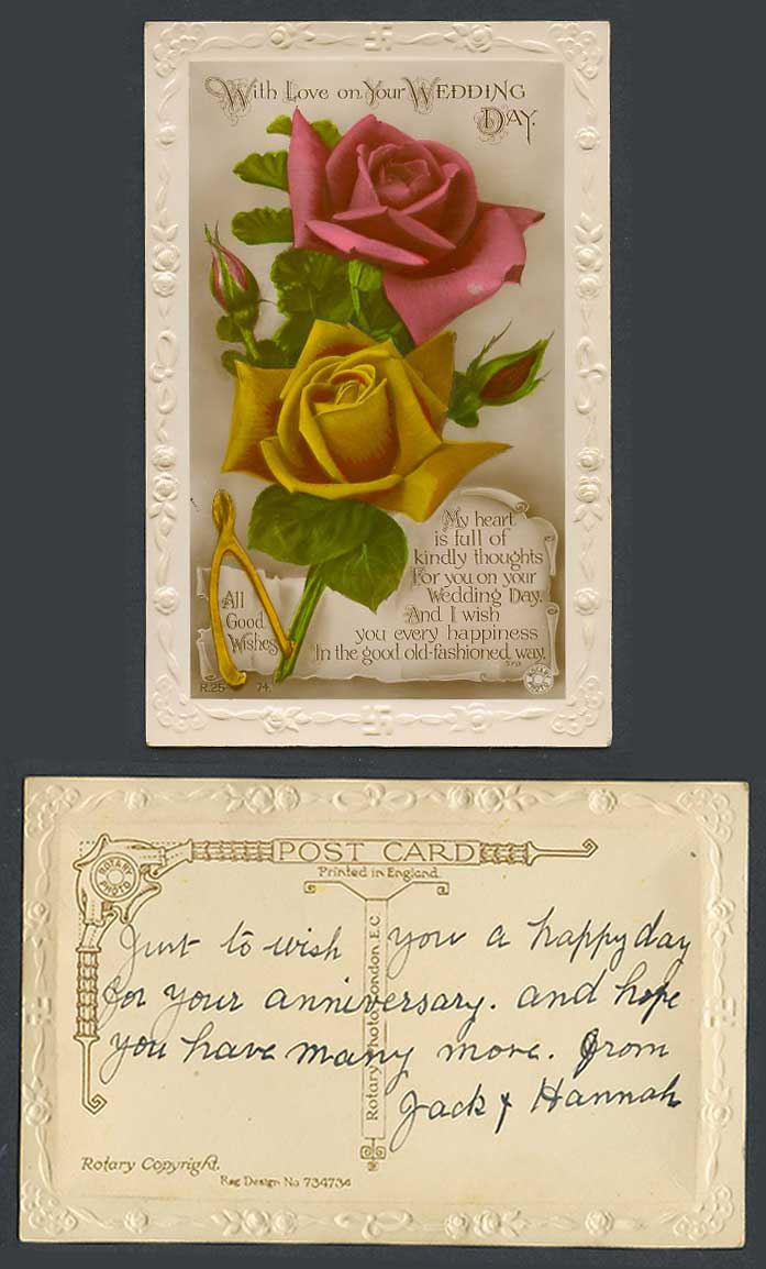 Roses Flowers, With Love On Your Wedding Day, Kindly Thoughts Heart Old Postcard