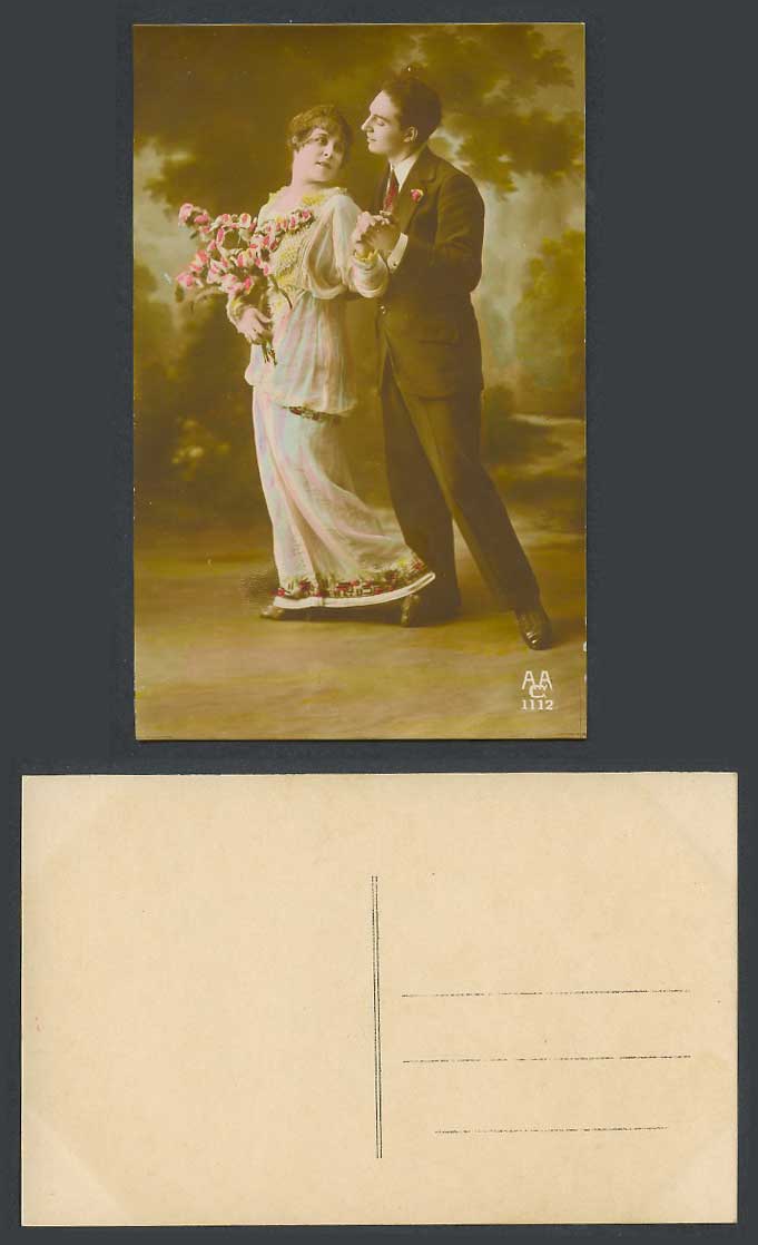 Romance Man and Glamour Lady Woman with Bunch of Flowers Old Real Photo Postcard