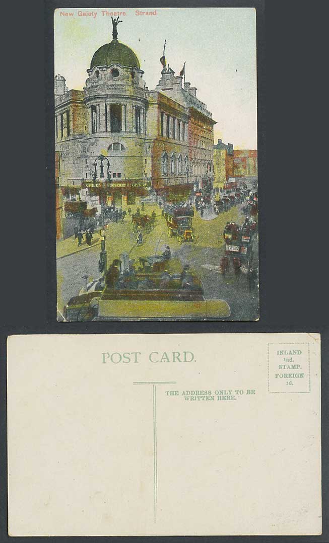 London Old Colour Postcard New Gaiety Theatre, Strand, Street Scene, Horse Carts