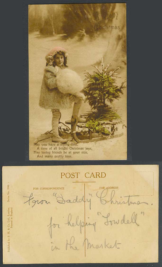 A Jolly Christmas, Xmas Tree, Little Girl, Muff, Sled Sledge Sleigh Old Postcard