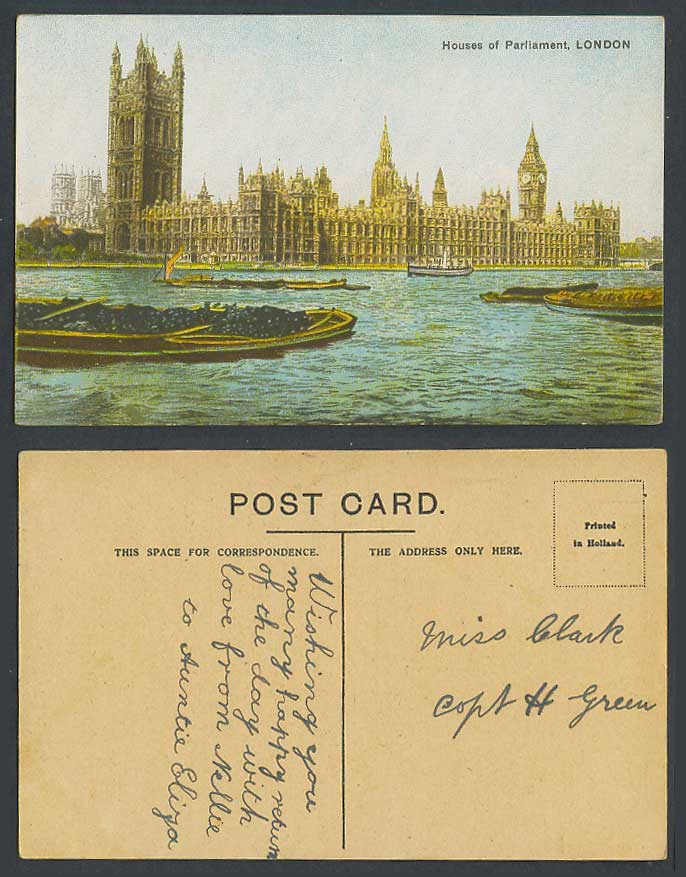 London Old Colour Postcard Houses of Parliament Big Ben Thames River Scene Boats