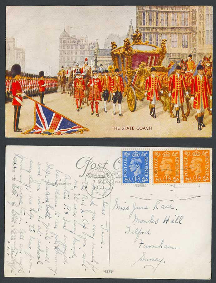 State Coach Street Procession Guards Beefeater British Royalty 1953 Old Postcard