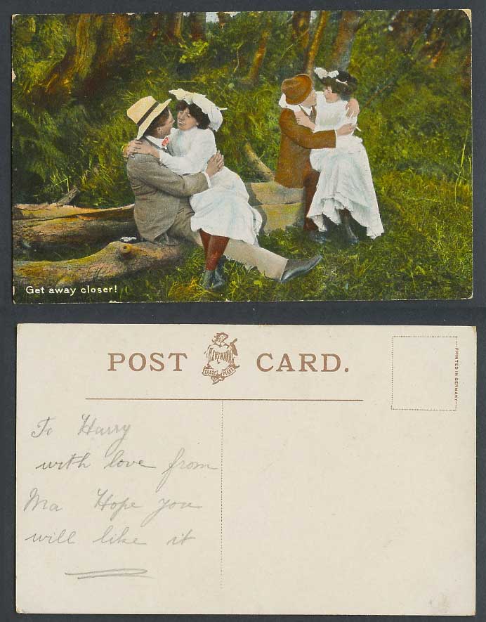 Get Away Closer! Women Ladies Sitting on Men's Laps, Romance Old Colour Postcard