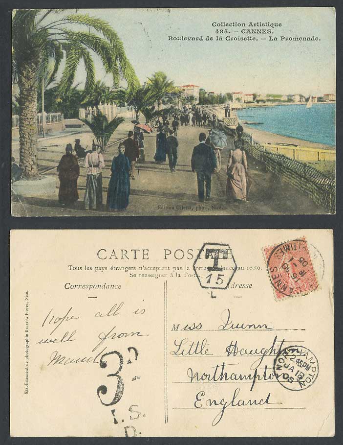 France Postage Dues 1905 Old Postcard Cannes Boulevard de la Croisette Promenade