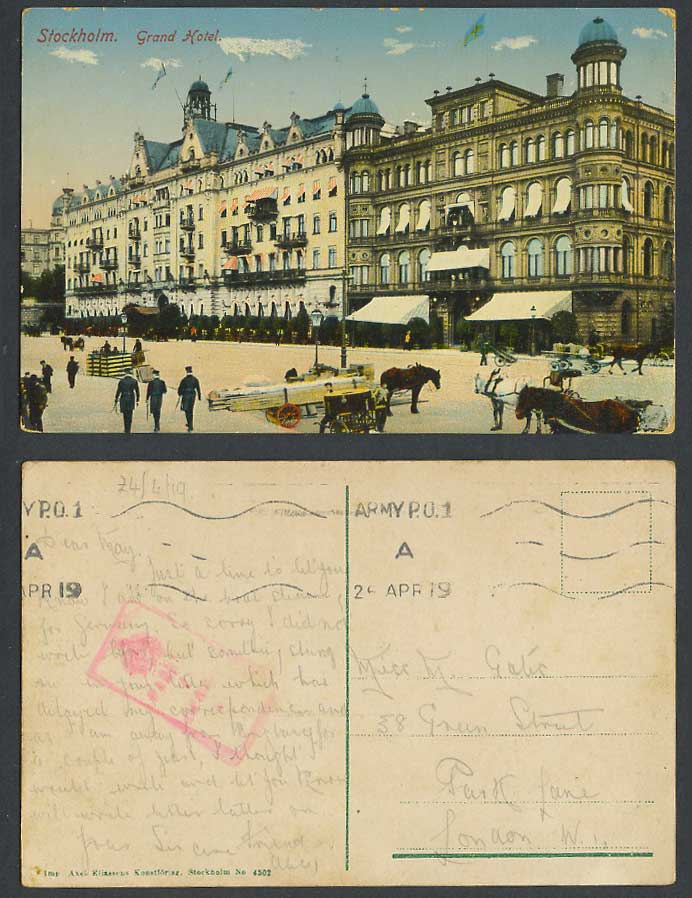 Sweden WW1 Army Censored 1919 Old Colour Postcard Stockholm Grand Hotel & Street