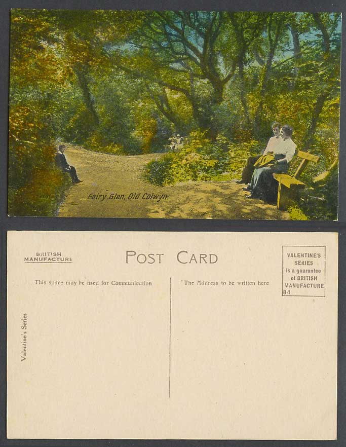 Fairy Glen, Old Colwyn, Wales, Vintage Colour Postcard Ladies Women on Bench Boy