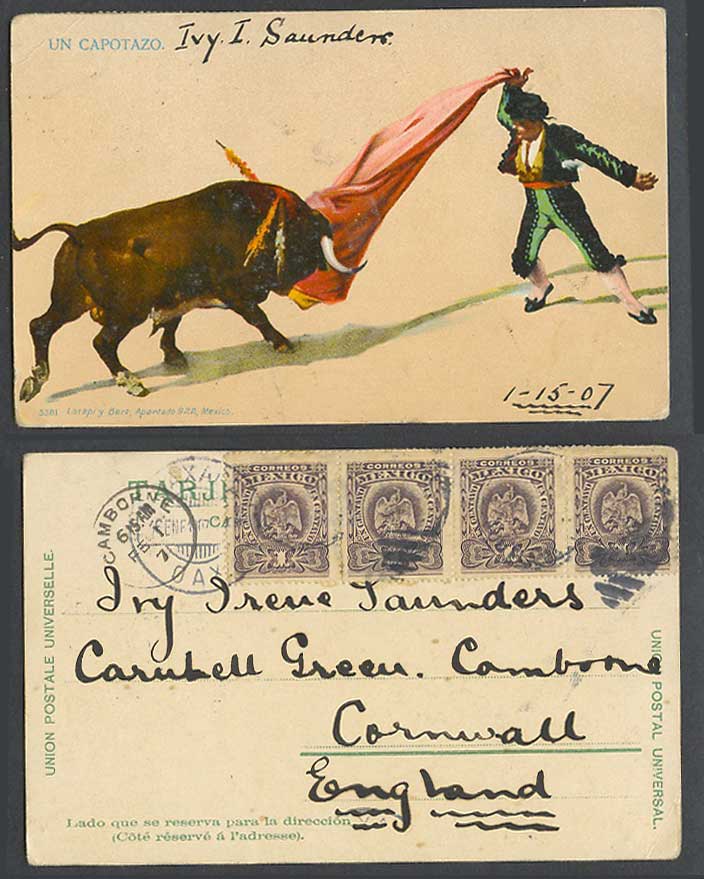 Mexico 1907 Old Colour Postcard Un Capotazo Bullfighter Bull Torero Bullfighting