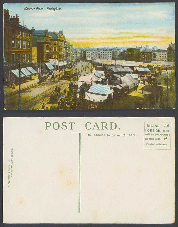 Nottingham Market Place, Street Scene TRAM Tramway Tramlines Old Colour Postcard