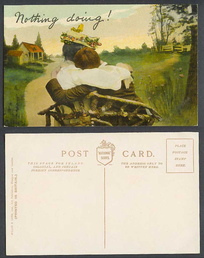 Nothing Doing Romance Man Woman Lady Hugging on Wooden Bench Old Colour Postcard