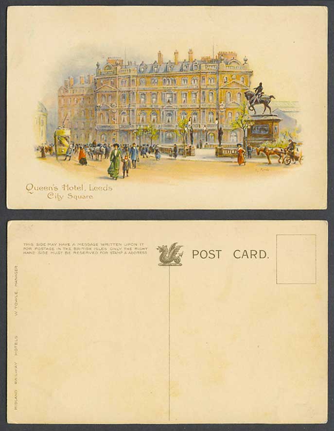 Leeds City Square Queen's Hotel Street View TRAM Horse Rider Statue Old Postcard